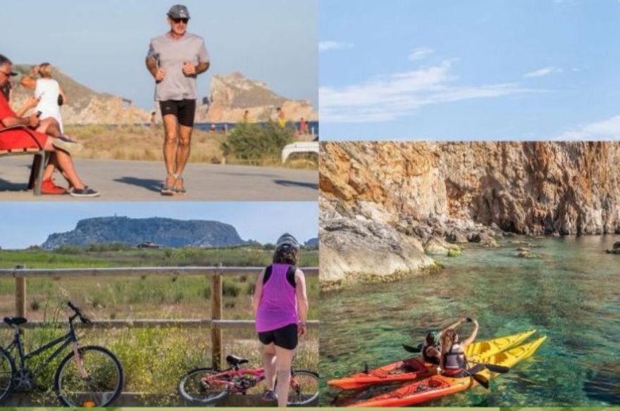 Collage de fotografies on es veu un home corrent pel passeig dels Griells, dues noies fent-se un 'selfie' en un caiac al Cap de la Barra i una dona contemplant les Medes des de la Pletera després d'aparcar la seva bicicleta