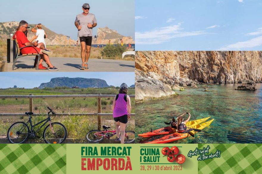 Collage de tres fotos on es veu un home corrent al Passeig Marítim dels Griells, una dona contemplant les Medes des de la Pletera amb la seva bici aparcada al costat i dues caiaquistes al Cap de la Barra