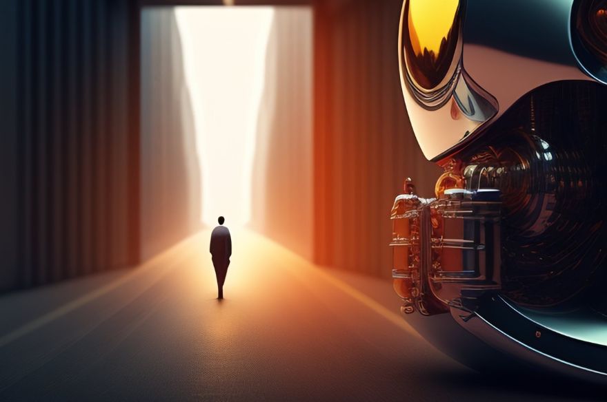 Una imatge generada amb AI on es veu un robot mirant una persona dissident que marxa a l'horitzó