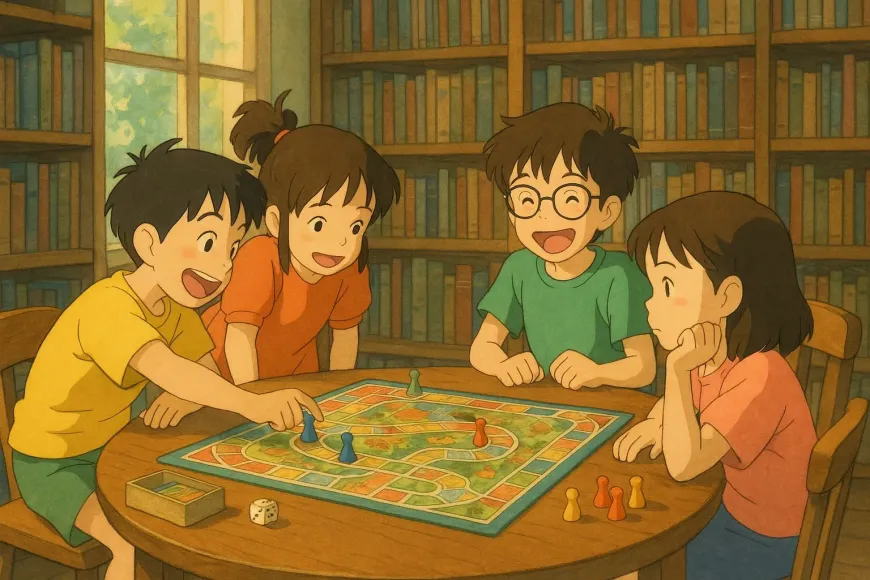 Uns nens juguen a jocs de taula a la biblioteca Uns nens juguen a jocs de taula a la biblioteca